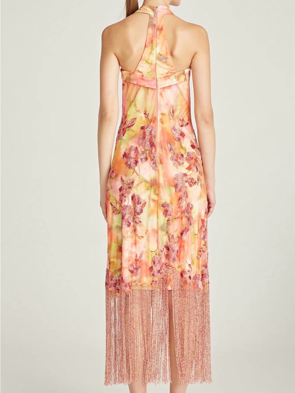 Theia Orange Pink Floral Halter Midi Dress with Fringe - Picture 2 of 11